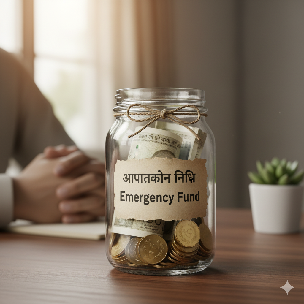 A clear glass jar labeled "Emergency Fund" in English and Hindi, filled with Indian Rupee notes and coins, on a wooden desk.
