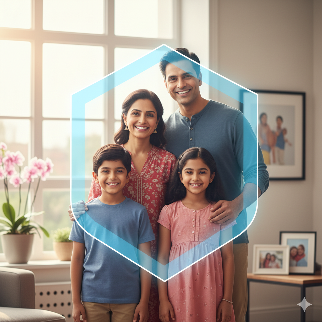 A happy, smiling Indian family (parents and two children) with a subtle, glowing hexagonal shield overlaid, symbolizing protection, in a bright home environment.
