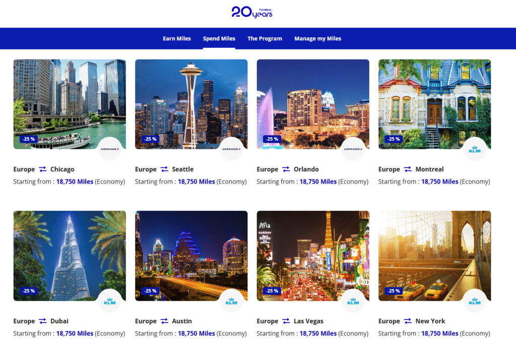 A snapshot of some fantastic Economy Class Monthly Promo Award offers. Notice the consistent 25% discount, making dream destinations like Chicago, Seattle, Dubai, and New York accessible from just 18,750 miles from Europe. These change monthly, so always check the latest!