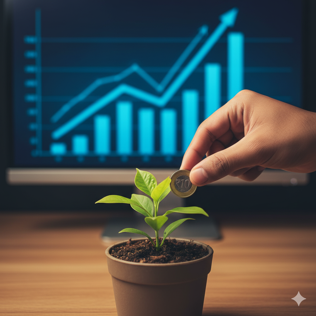 A hand carefully placing an Indian 10 Rupee coin into the soil of a small potted plant, with a glowing blue financial growth chart on a computer screen in the background.