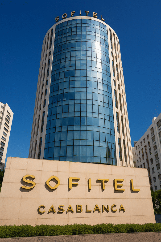 Exterior of a luxury hotel inspired by Sofitel Casablanca, featuring a curved glass facade, palm trees, and warm sunset lighting against a clear sky