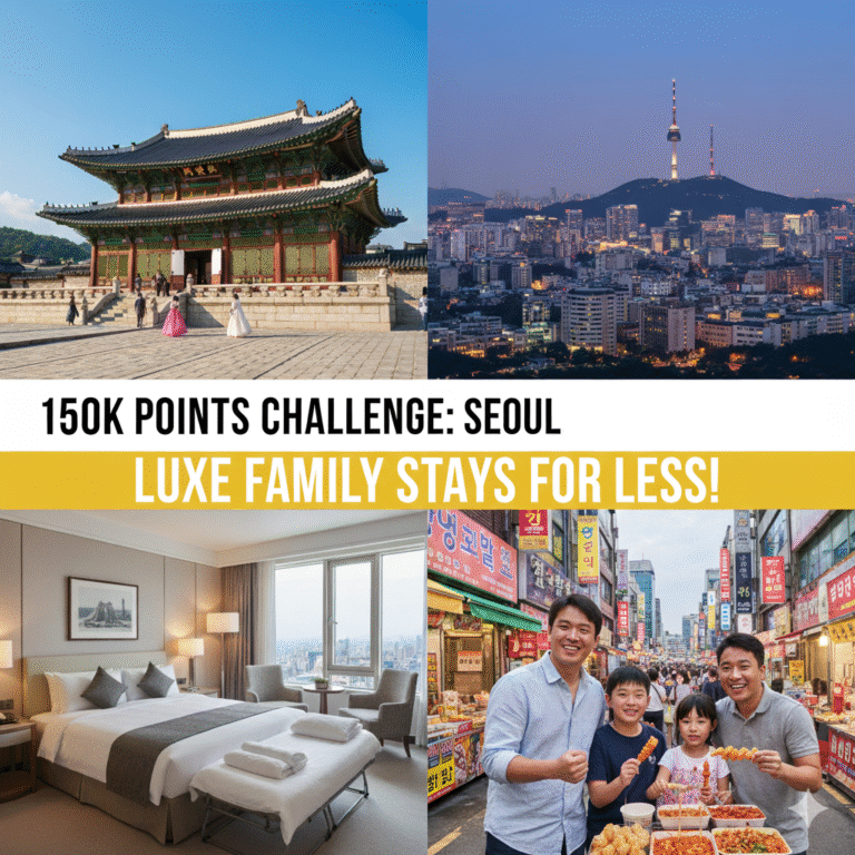 A four-panel collage featuring iconic Seoul scenes: Gyeongbokgung Palace with people in traditional dress, the illuminated Seoul city skyline with N Seoul Tower at dusk, a spacious luxury hotel room with a city view, and a happy family with two children enjoying street food in a vibrant market. Overlay text reads "150K POINTS CHALLENGE: SEOUL, SOUTH KOREA" and "LUXE FAMILY STAYS FOR LESS!