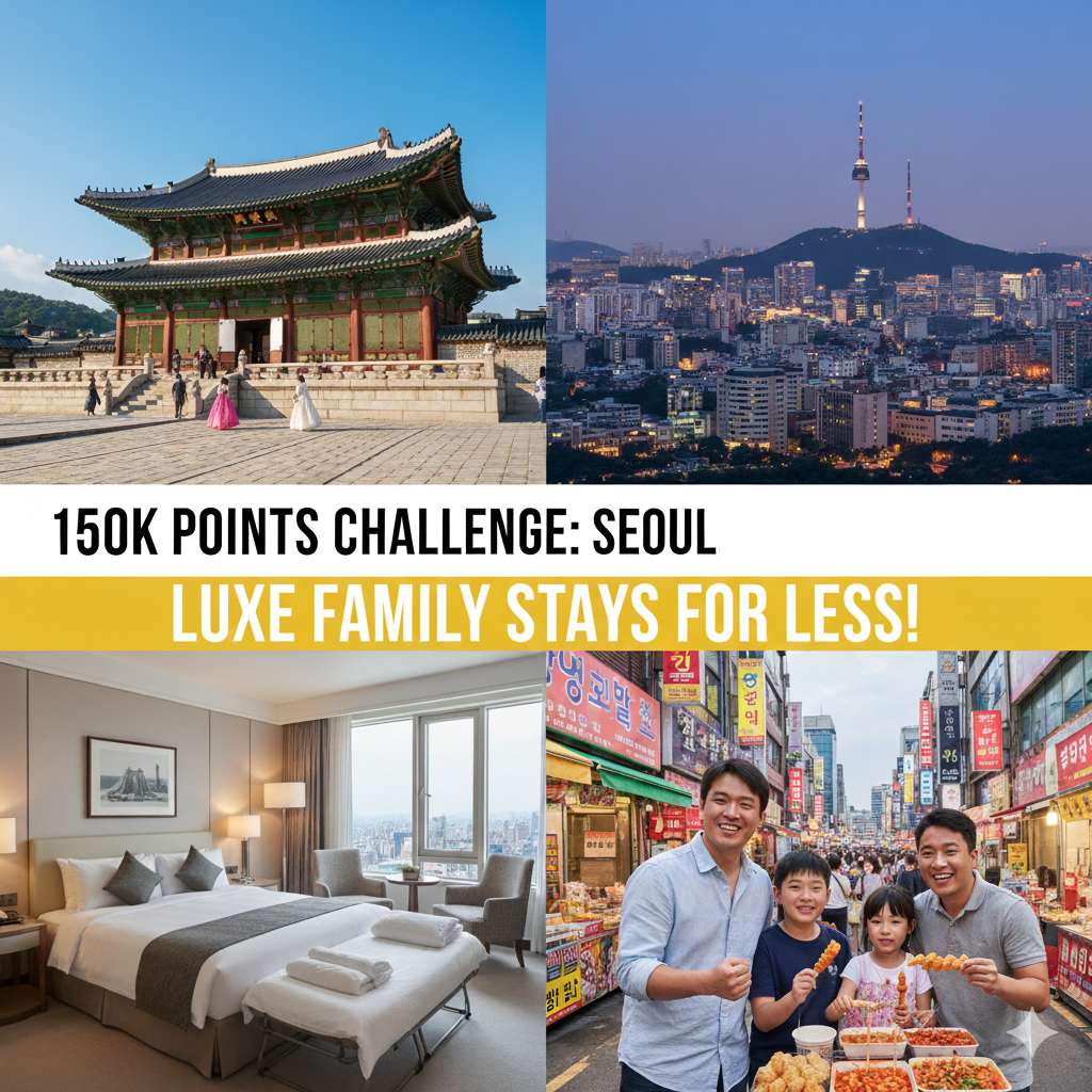 A four-panel collage featuring iconic Seoul scenes: Gyeongbokgung Palace with people in traditional dress, the illuminated Seoul city skyline with N Seoul Tower at dusk, a spacious luxury hotel room with a city view, and a happy family with two children enjoying street food in a vibrant market. Overlay text reads "150K POINTS CHALLENGE: SEOUL, SOUTH KOREA" and "LUXE FAMILY STAYS FOR LESS!