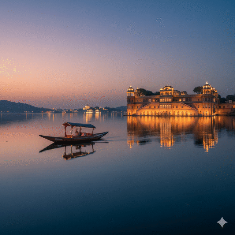 The Leela Palace Udaipur illuminated at dusk, reflecting on the calm waters of Lake Pichola with a traditional boat in the foreground