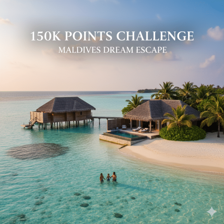 Aerial view of a luxurious Maldives resort featuring an overwater villa, a beachfront villa with a private pool, and a family (two adults, one child) swimming in the clear turquoise ocean. Text overlay reads "150K POINTS CHALLENGE MALDIVES DREAM ESCAPE.