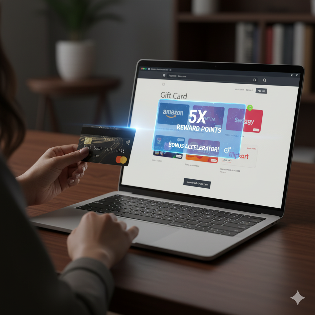 Hands holding a premium HDFC credit card while purchasing gift cards (Amazon, Myntra, Swiggy, Flipkart) online on a laptop screen, showing "5X Reward Points" bonus.