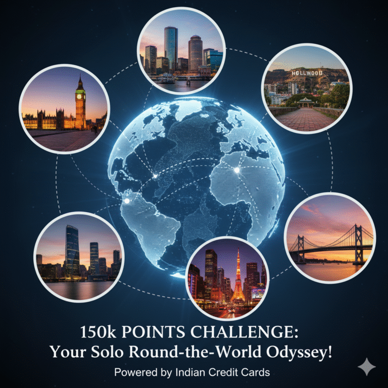 Globe connecting iconic landmarks from London, Boston, Los Angeles, Brisbane, Tokyo, and Hong Kong, representing a solo round-the-world trip using credit card points