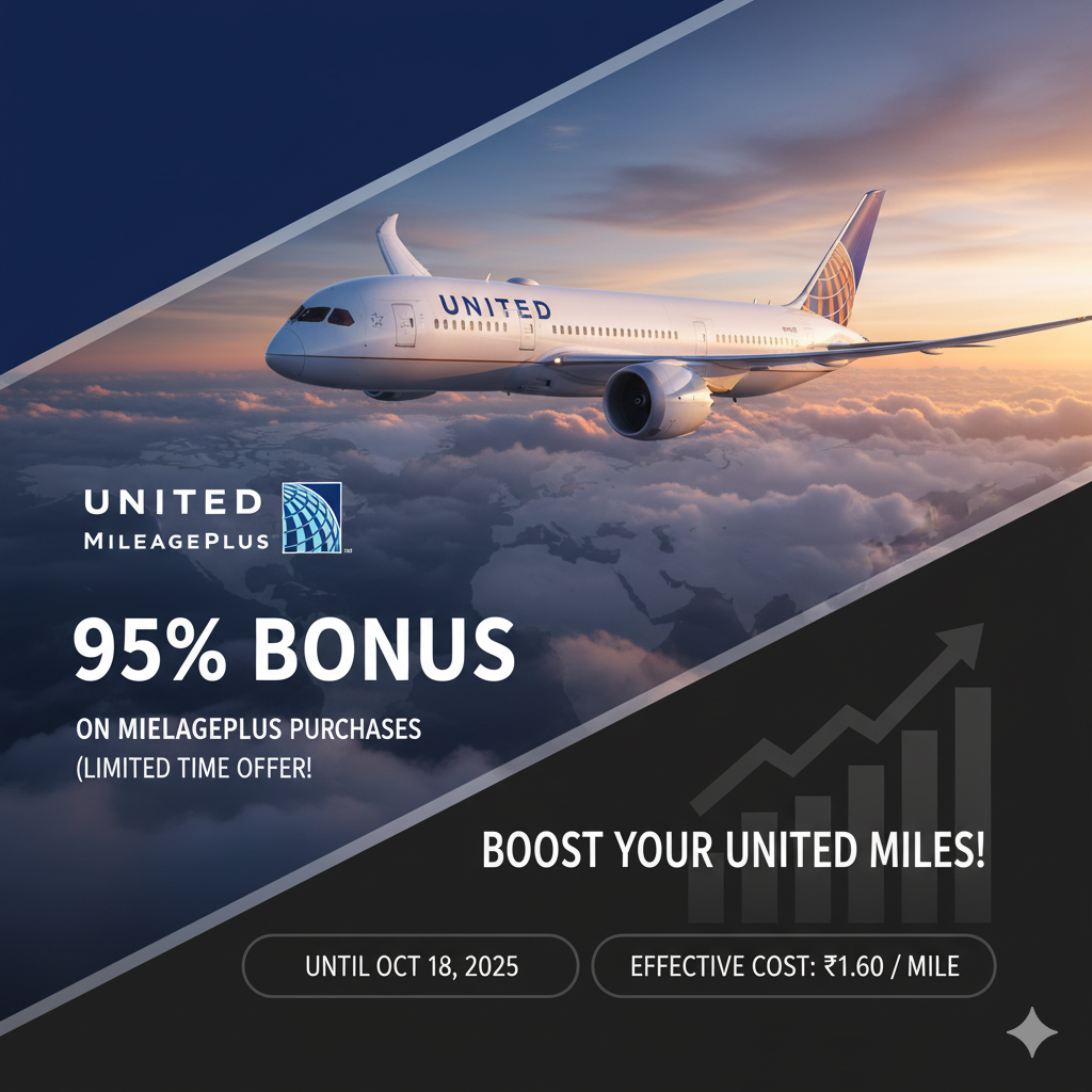 A United Airlines Boeing Dreamliner aircraft flying above clouds at sunset. Overlay text highlights "UNITED MILEAGEPLUS 95% BONUS on MileagePlus Purchases (Limited Time Offer!)," "BOOST YOUR UNITED MILES!", "UNTIL OCT 18, 2025," and "EFFECTIVE COST: ₹1.60 / MILE.