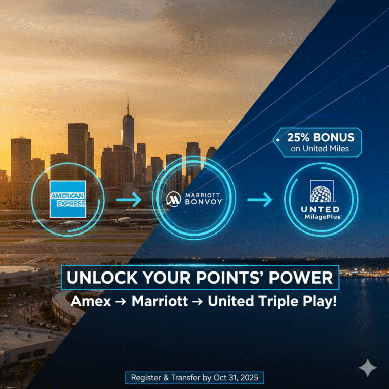 Graphic illustrating points transfer from American Express to Marriott Bonvoy to United MileagePlus, with a "25% Bonus on United Miles" highlight, set against a backdrop of cityscapes and airports. Text reads "UNLOCK YOUR POINTS' POWER Amex → Marriott → United Triple Play! Register & Transfer by Oct 31, 2025.