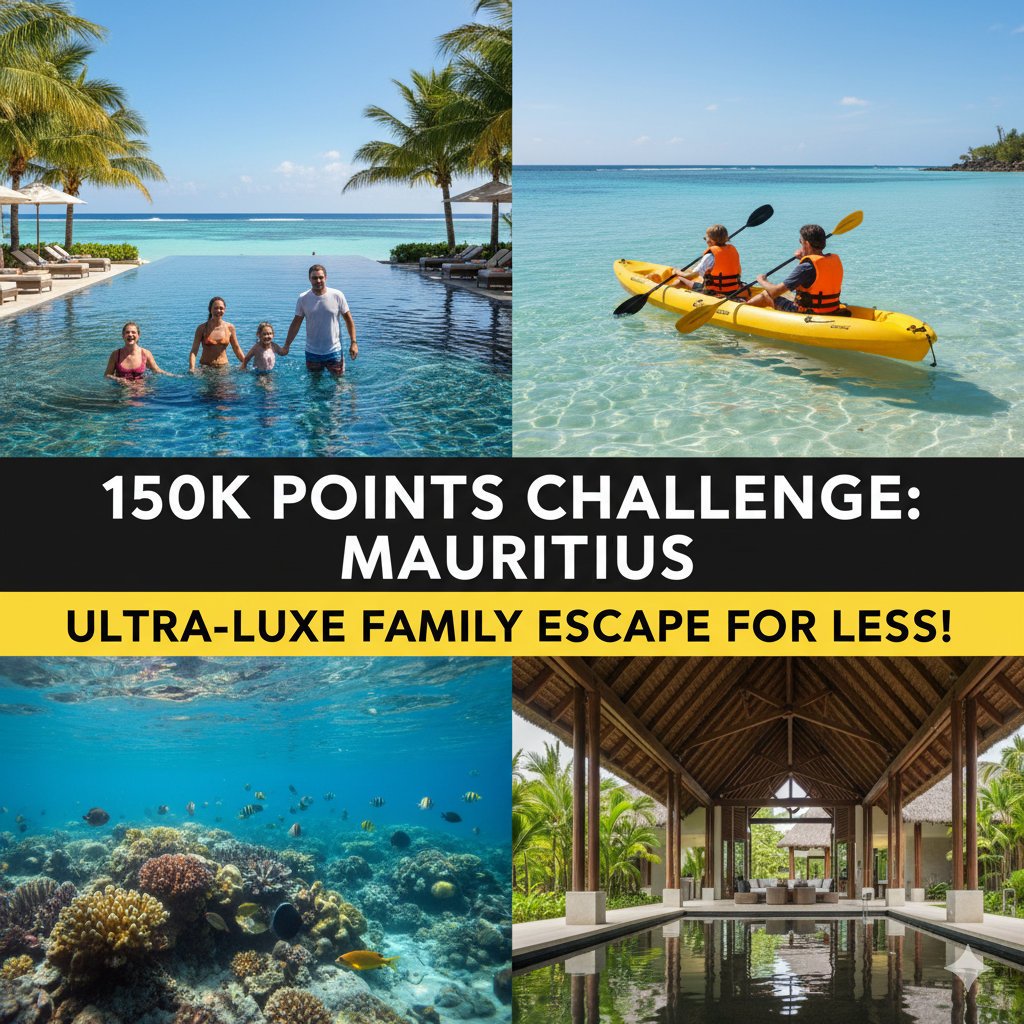 A four-panel collage depicting a luxury family vacation in Mauritius: a family (two adults, one child) in an infinity pool overlooking the ocean, a father and child kayaking on clear turquoise water, a vibrant underwater view of coral reefs and tropical fish, and an elegant, open-air resort lobby with traditional thatched roofing. Overlay text reads "150K POINTS CHALLENGE: MAURITIUS" and "ULTRA-LUXE FAMILY ESCAPE FOR LESS!