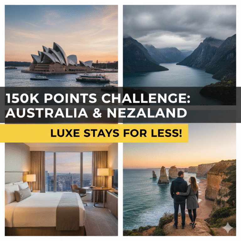 A four-panel collage featuring iconic travel scenes: the Sydney Opera House at sunset, the dramatic Milford Sound in New Zealand, a luxurious hotel room with a city view, and a couple admiring the Twelve Apostles on Australia's Great Ocean Road. Overlay text reads "150K POINTS CHALLENGE: AUSTRALIA & NEW ZEALAND" and "LUXE STAYS FOR LESS!