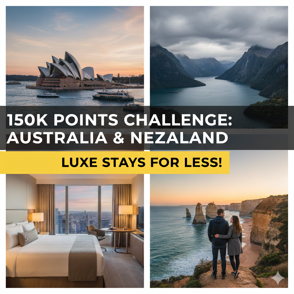 A four-panel collage featuring iconic travel scenes: the Sydney Opera House at sunset, the dramatic Milford Sound in New Zealand, a luxurious hotel room with a city view, and a couple admiring the Twelve Apostles on Australia's Great Ocean Road. Overlay text reads "150K POINTS CHALLENGE: AUSTRALIA & NEW ZEALAND" and "LUXE STAYS FOR LESS!