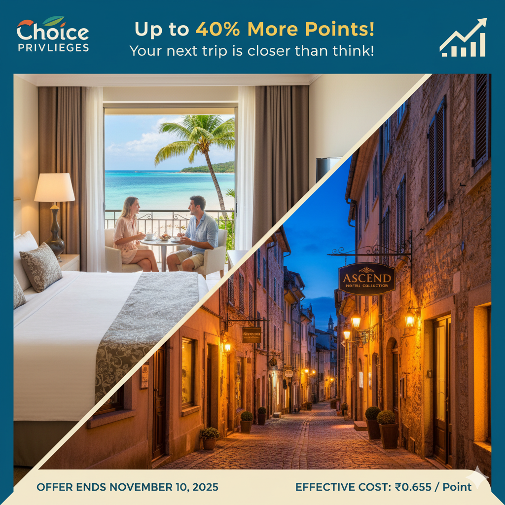 A split image featuring two contrasting hotel experiences: on the left, a couple enjoys coffee on a balcony overlooking a tropical beach, visible from a luxurious hotel room. On the right, a charming cobblestone street in a European town with an "Ascend Hotel Collection" sign. Overlay text says "Choice Privileges Up to 40% More Points! Your next trip is closer than you think!", "OFFER ENDS NOVEMBER 10, 2025," and "EFFECTIVE COST: ₹0.655 / Point