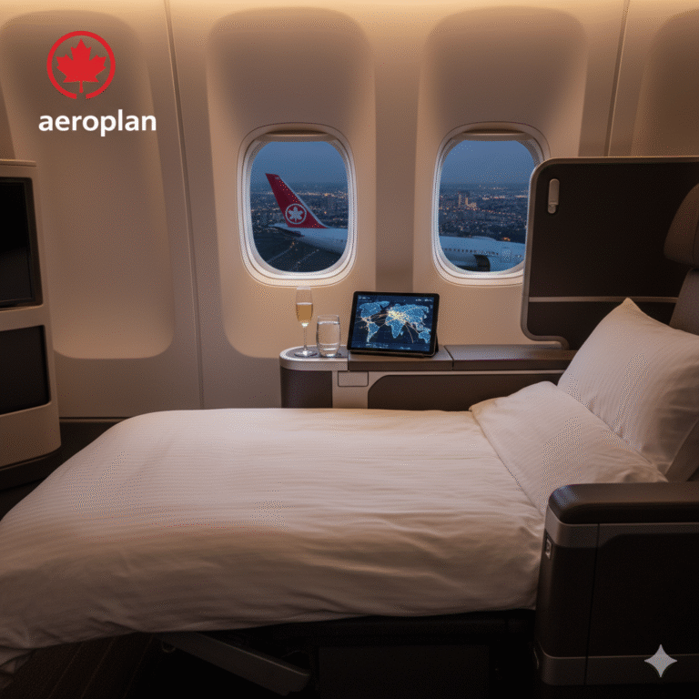 Luxurious lie-flat Business Class seat on an Air Canada aircraft, with the Air Canada Aeroplan logo prominently displayed. Through the windows, another Air Canada plane's tail fin and a city skyline at dusk are visible. A tablet displaying a world map and a glass of champagne are on the side table.