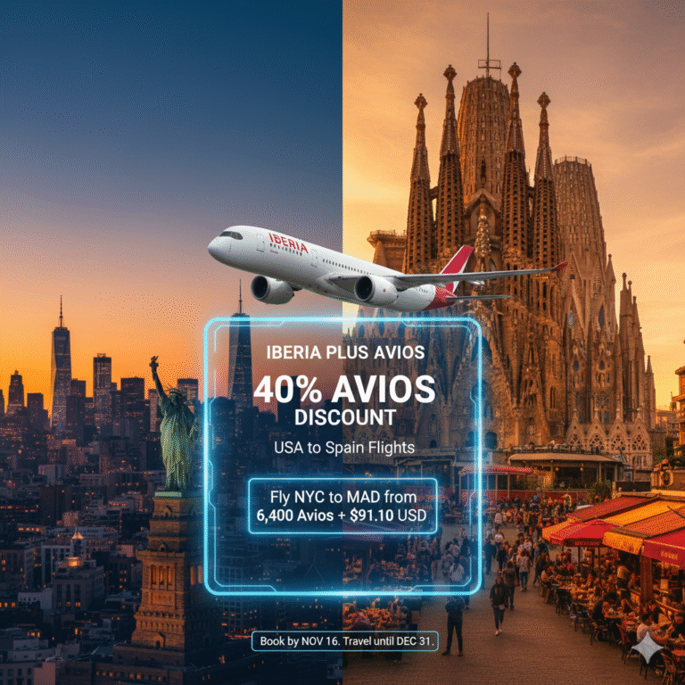 Split image featuring New York City skyline with the Statue of Liberty and Barcelona's Sagrada Familia, with an Iberia plane flying over a "40% Avios Discount" offer for USA-Spain flights.