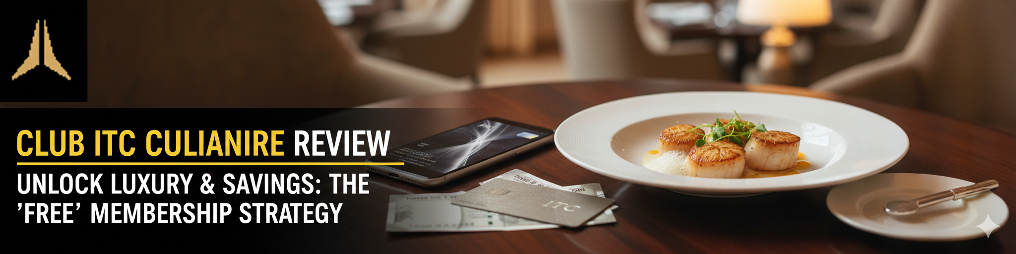 A luxurious dining scene at an ITC property. On a wooden table, there's a plate of perfectly seared scallops, a smartphone, Indian currency notes, and a sleek Club ITC hotel key card. The distinctive Club ITC logo is in the top left corner. Overlay text: "CLUB ITC CULINAIRE REVIEW: UNLOCK LUXURY & SAVINGS: THE 'FREE' MEMBERSHIP STRATEGY