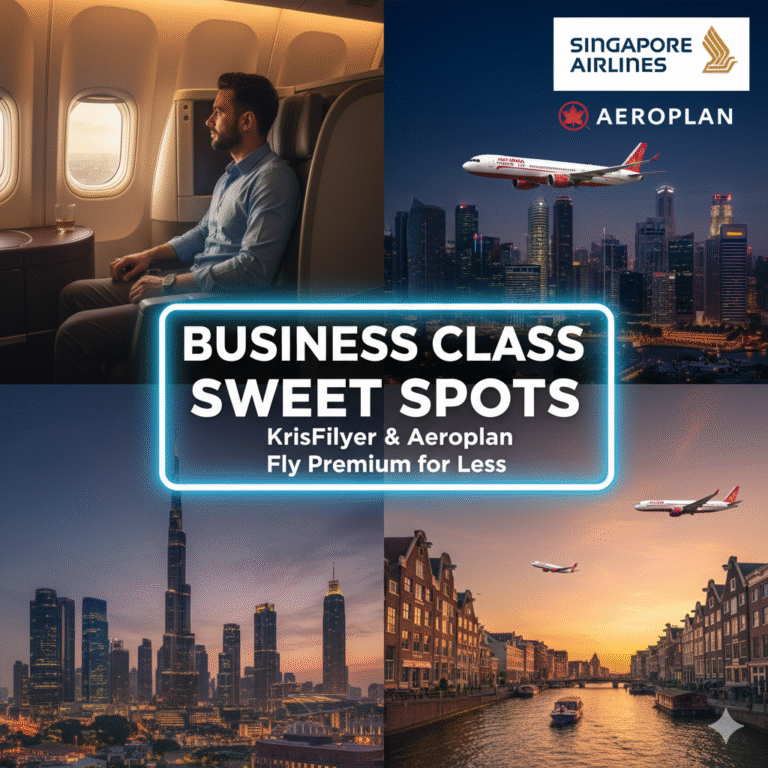 A four-panel collage featuring a man in a Business Class seat looking out an airplane window, the Singapore skyline with an Air India plane, the Dubai skyline, and an Amsterdam canal scene with an airplane. Logos for Singapore Airlines and Aeroplan are visible, with text "BUSINESS CLASS SWEET SPOTS KrisFlyer & Aeroplan Fly Premium for Less