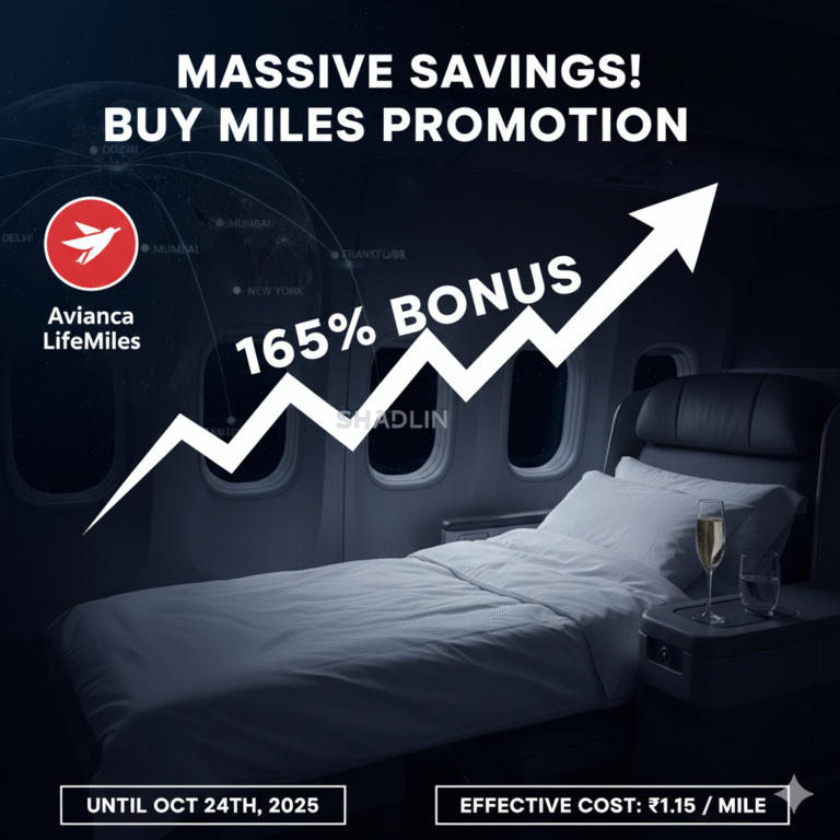 Graphic promoting Avianca LifeMiles bonus miles, showing the red Avianca LifeMiles logo, a large 165% bonus text with an upward trend graph over a world map, and an image of a luxurious airline Business Class seat. Text reads "MASSIVE SAVINGS! BUY MILES PROMOTION", "UNTIL OCT 24TH, 2025", and "EFFECTIVE COST: ₹1.15 / MILE