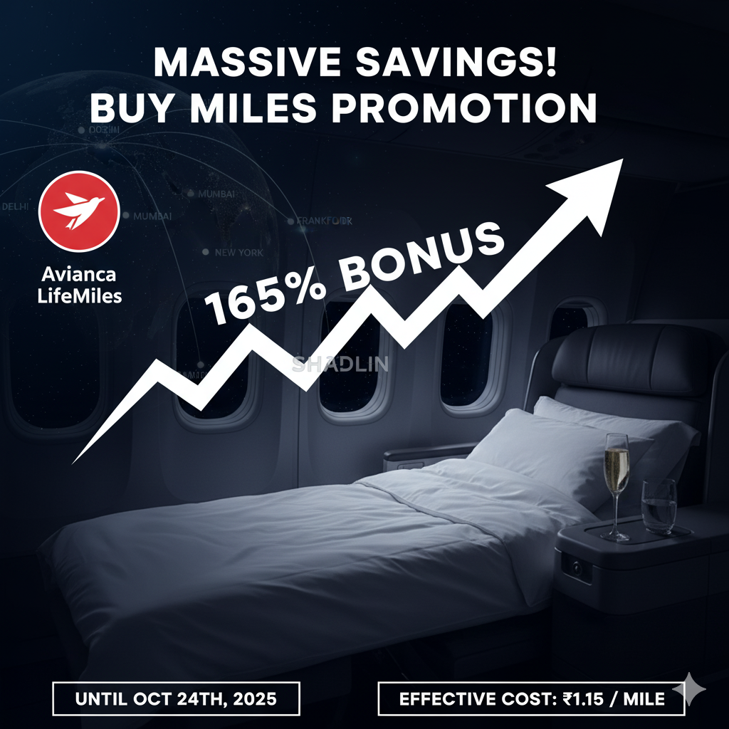 Graphic promoting Avianca LifeMiles bonus miles, showing the red Avianca LifeMiles logo, a large 165% bonus text with an upward trend graph over a world map, and an image of a luxurious airline Business Class seat. Text reads "MASSIVE SAVINGS! BUY MILES PROMOTION", "UNTIL OCT 24TH, 2025", and "EFFECTIVE COST: ₹1.15 / MILE