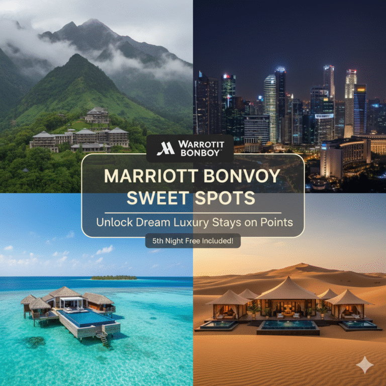 A four-panel collage showcasing luxurious Marriott Bonvoy sweet spot hotels: The Westin Himalayas (mountains), Singapore city skyline, The Westin Maldives (overwater villas), and Al Maha Dubai (desert tents). A Marriott Bonvoy logo and text "Sweet Spots: Unlock Dream Luxury Stays on Points, 5th Night Free Included!" are centered.
