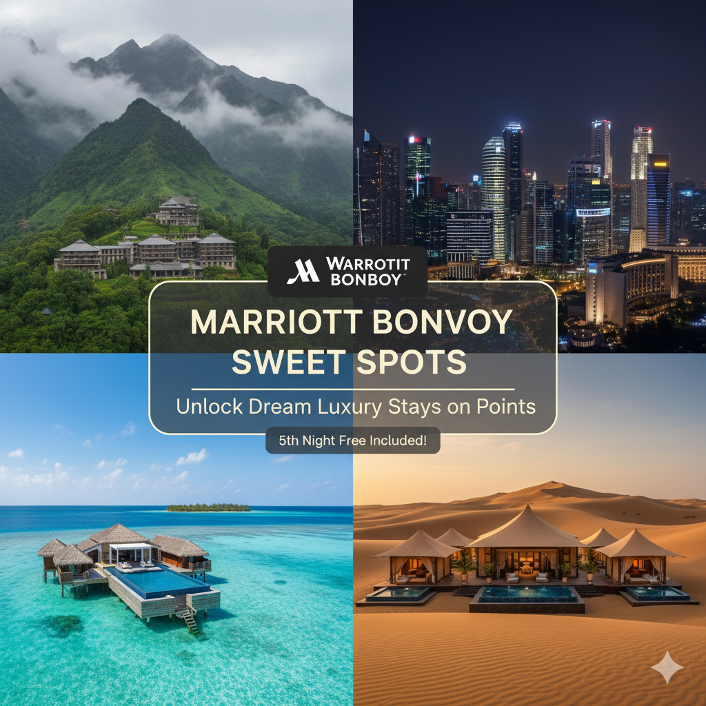 A four-panel collage showcasing luxurious Marriott Bonvoy sweet spot hotels: The Westin Himalayas (mountains), Singapore city skyline, The Westin Maldives (overwater villas), and Al Maha Dubai (desert tents). A Marriott Bonvoy logo and text "Sweet Spots: Unlock Dream Luxury Stays on Points, 5th Night Free Included!" are centered.