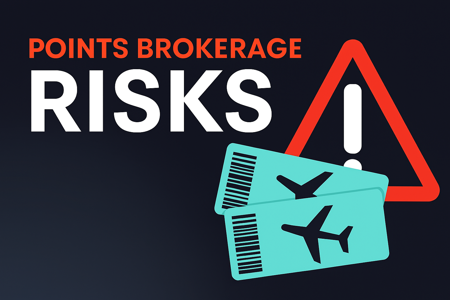Graphic with bold text "POINTS BROKERAGE RISKS" alongside a red warning triangle and two stylized airline boarding passes, one crossed out.
