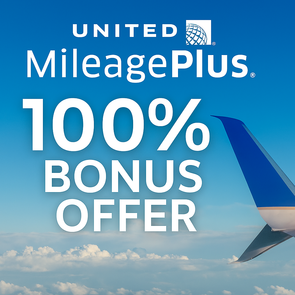 Promotional image for United Airlines MileagePlus program featuring a 100% bonus miles offer. A sleek airplane wing with United's signature blue and white design soars above fluffy white clouds against a bright blue sky. Bold white text reads '100% BONUS OFFER' with the United MileagePlus logo above