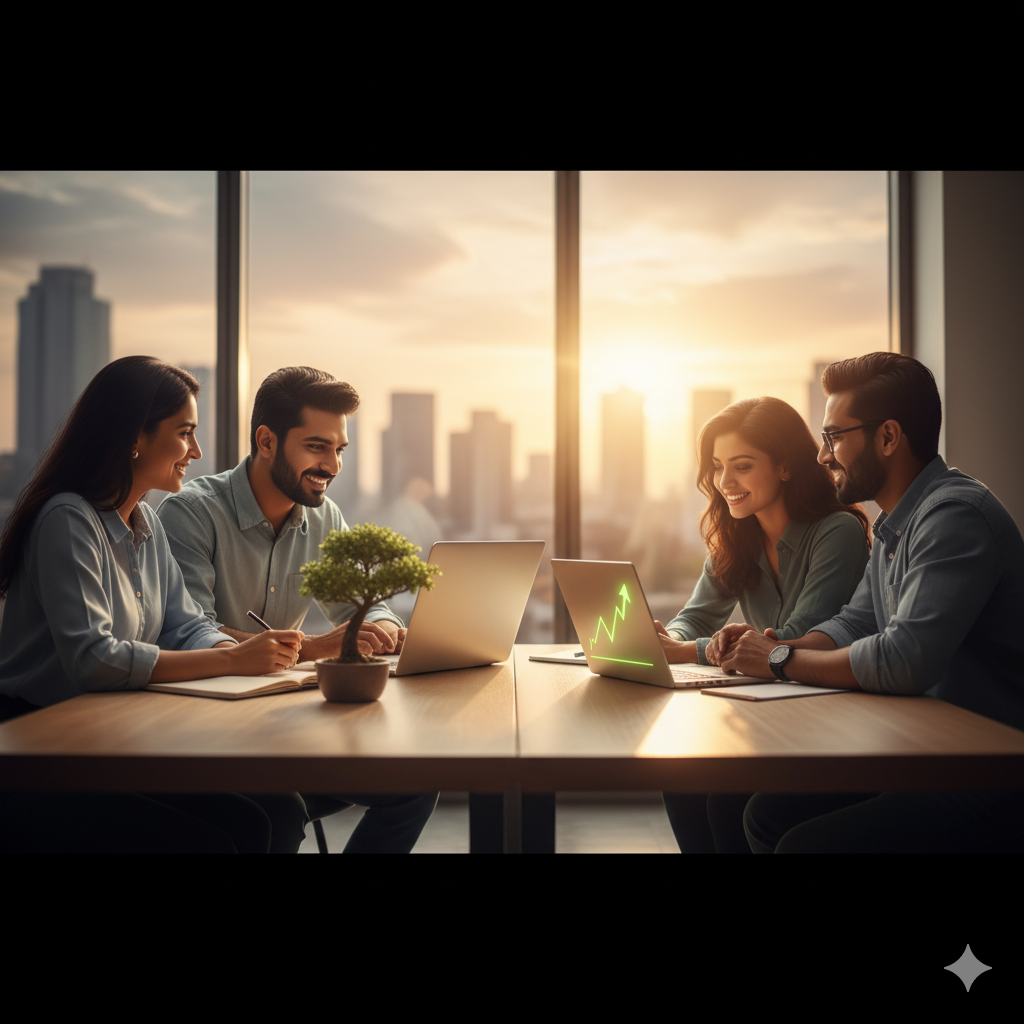 A group of diverse Indian professionals collaboratively working around a table with laptops, a growing plant, and subtle financial graphics, symbolizing financial planning and growth at sunset.