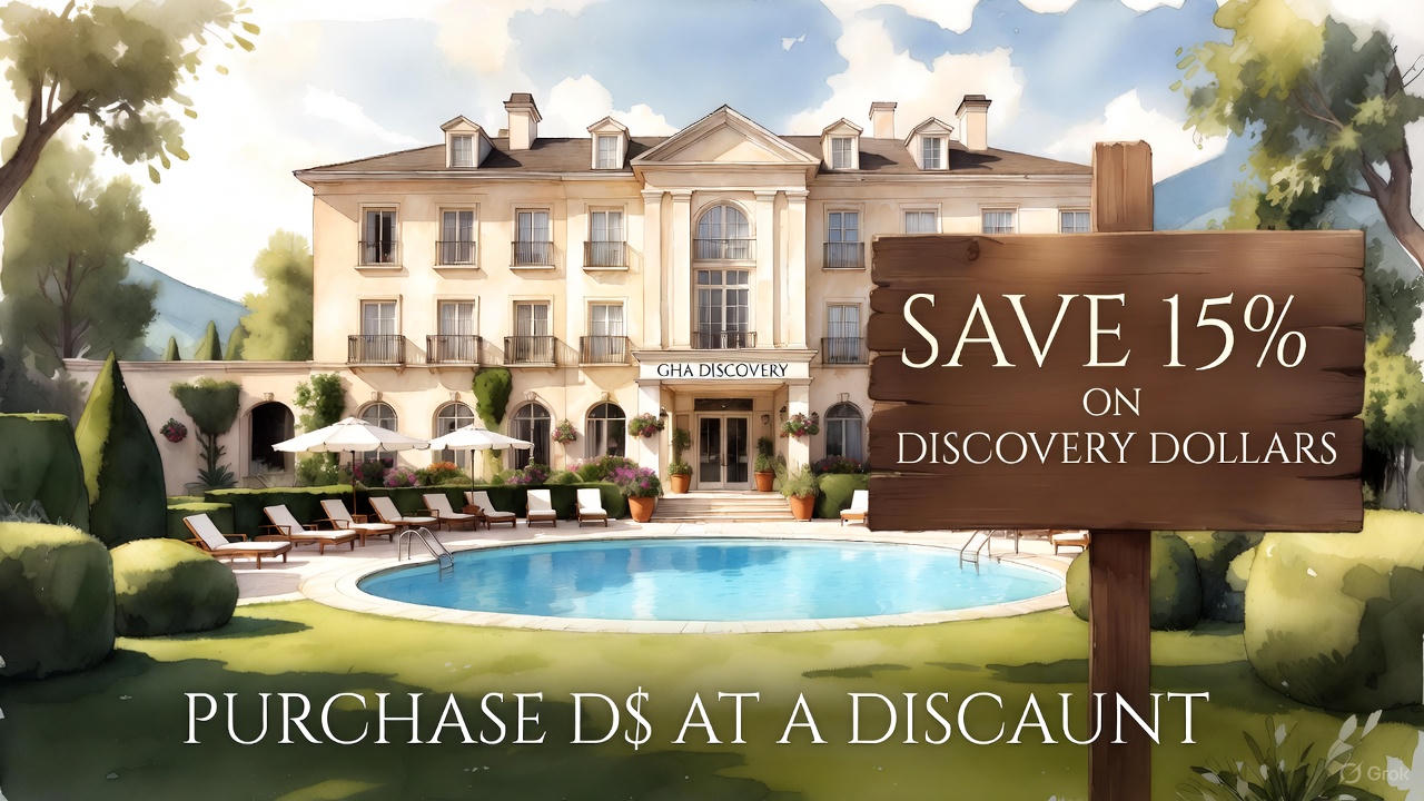 an image with the prompt: 'watercolor illustration of a grand luxury hotel with a pool and manicured gardens, featuring a wooden sign saying "SAVE 15% ON DISCOVERY DOLLARS" and text "PURCHASE D$ AT A DISCOUNT", in soft pastel tones with elegant typography, GHA DISCOVERY branding'