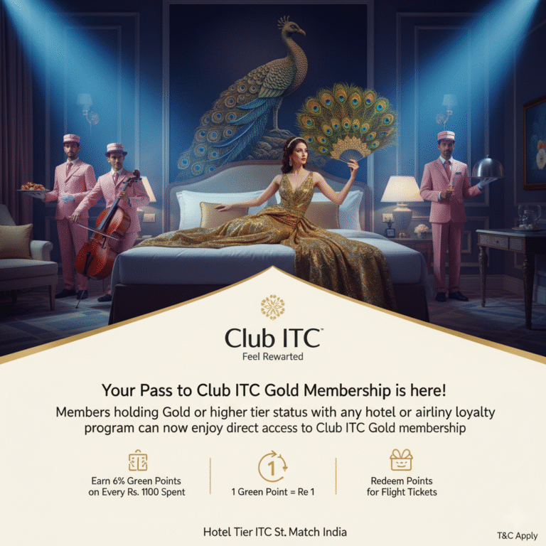 Official Club ITC advertisement for their Gold Tier Match program, showing a luxurious hotel room scene and key program benefits.