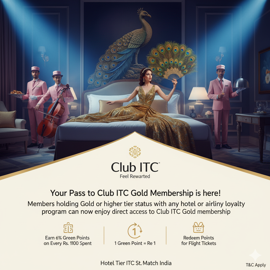 Official Club ITC advertisement for their Gold Tier Match program, showing a luxurious hotel room scene and key program benefits.