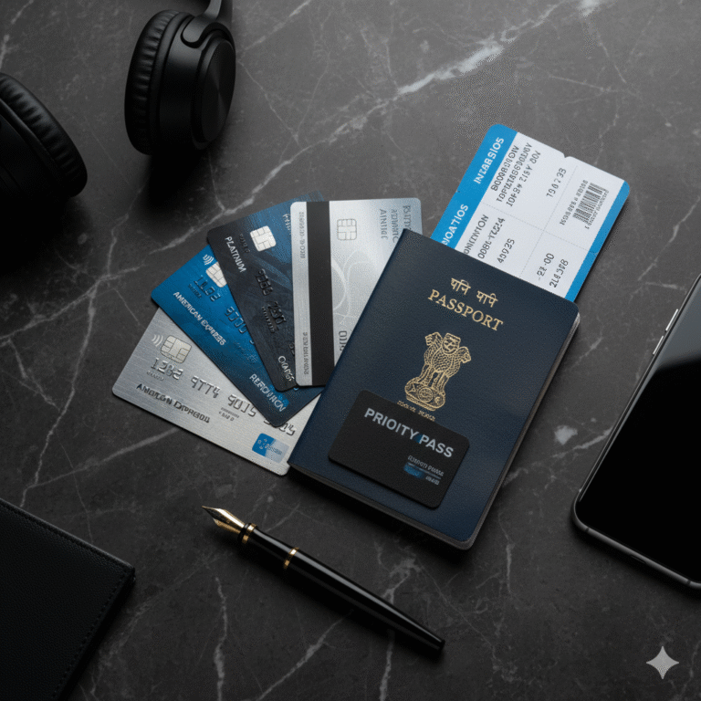 Flat lay of essential travel items: Indian passport, Priority Pass card, multiple premium credit cards, boarding pass, smartphone, headphones, and a pen on a dark marble surface.