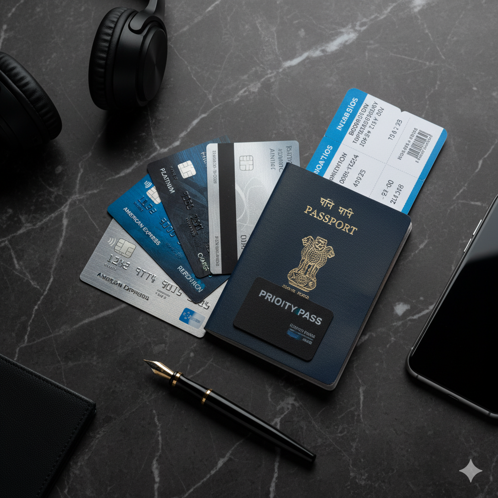 Flat lay of essential travel items: Indian passport, Priority Pass card, multiple premium credit cards, boarding pass, smartphone, headphones, and a pen on a dark marble surface.