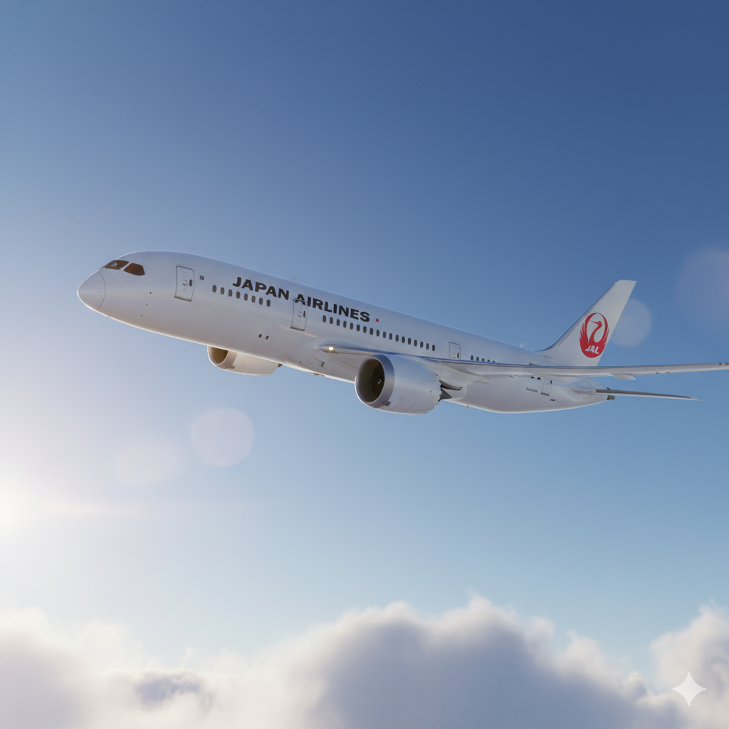 Japan Airlines Boeing 787 Dreamliner soaring over Mount Fuji at sunset, with a glowing route map connecting Delhi to Tokyo Narita and onward to Los Angeles, San Francisco, Seattle, San Diego, Chicago, Boston, Dallas Fort Worth, and Vancouver. Title