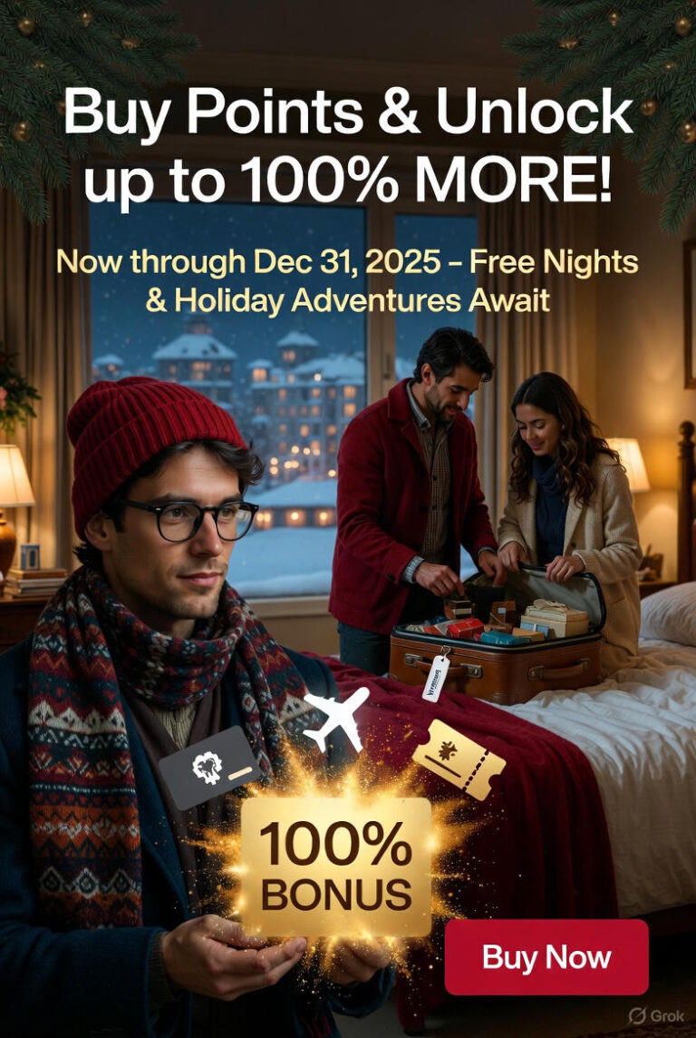 A joyful group of travelers unpacks festive luggage in a warmly lit hotel room with a snowy cityscape view. A glowing "100% BONUS" badge bursts with golden sparkles, surrounded by floating plane tickets, event passes, and a Wyndham Rewards card. Text reads: "Buy Points & Unlock up to 100% MORE! Now through Dec 31, 2025 – Free Nights & Holiday Adventures Await" with a red "Buy Now" button.