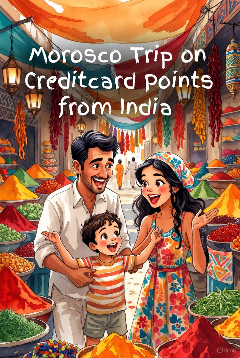Vibrant watercolor illustration of an excited Indian family of three—parents and a young child—bargaining joyfully at a colorful spice stall in a bustling Moroccan souk, surrounded by mounds of saffron, paprika, cumin, and chili, with hanging lanterns and patterned fabrics overhead. Text overlay reads: "Morocco Trip on Credit card Points from India."