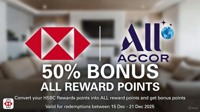 Promotional graphic featuring the red HSBC logo and ALL Accor logo side-by-side, with bold text "50% BONUS ALL REWARD POINTS". Includes visual elements showing points transfer (arrows or coins), the HSBC India Mobile Banking App icon, and the offer validity dates "15 Dec - 21 Dec 2025".