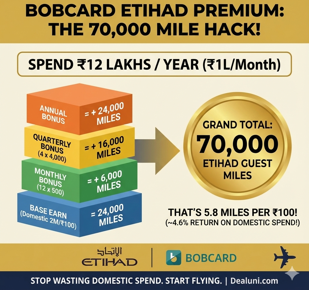 An infographic illustrating the reward structure of the BOBCARD Etihad Guest Premium credit card. It shows how stacking Monthly, Quarterly, and Annual bonuses on a spend of ₹12 Lakhs results in a total of 70,000 Etihad Guest Miles, equating to a reward rate of 5.8 Miles per ₹100.