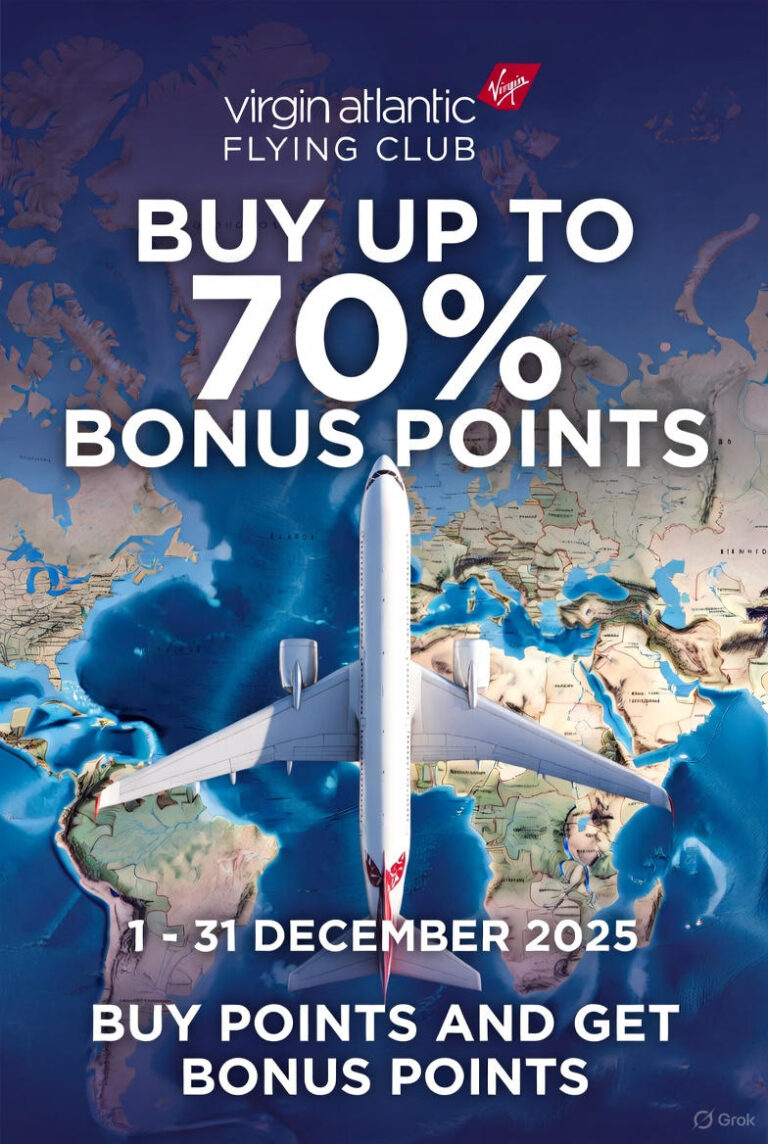 Virgin Atlantic aircraft soaring over a world map with bold white text announcing "Buy Up To 70% Bonus Points" for the Virgin Atlantic Flying Club promotion running 1–31 December 2025.