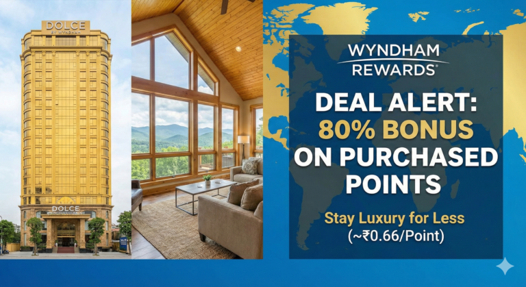 Dolce by Wyndham Hanoi Golden Lake hotel exterior and luxury wooden room interior with Wyndham Rewards 80% bonus points promotion overlay on world map background