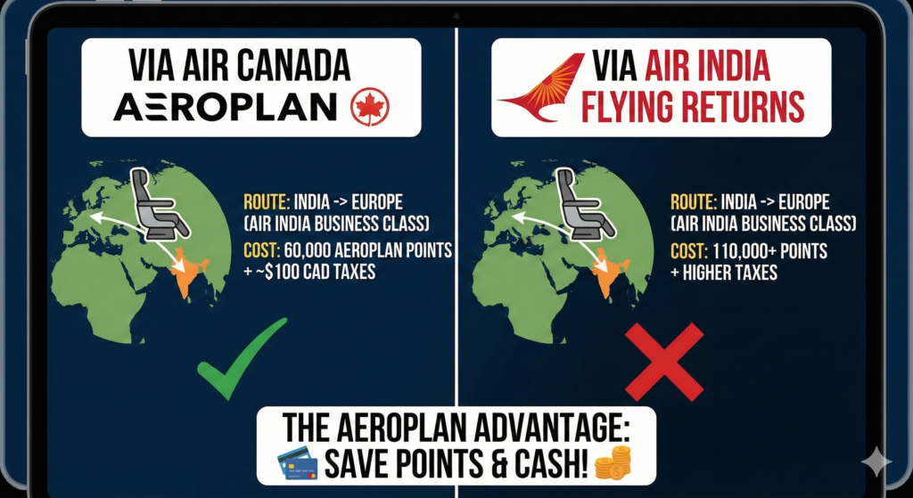 Comparison graphic: India to Europe business class on Air India – 60,000 Aeroplan points + ~100 CAD taxes vs 110,000+ Air India points + higher taxes. Aeroplan advantage saves points and cash