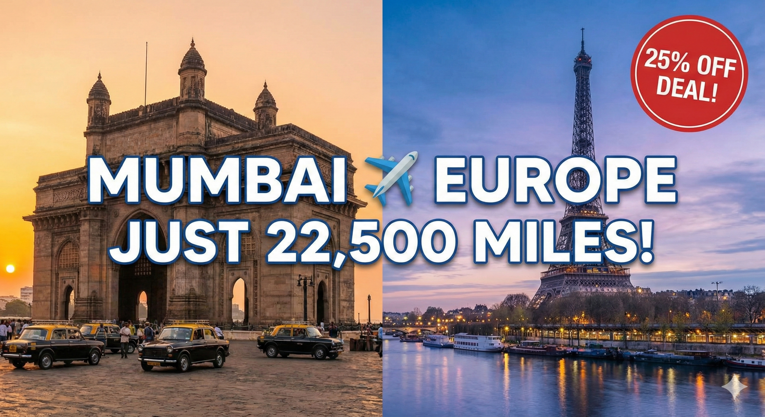 Split-screen travel deal graphic featuring the Gateway of India in Mumbai and the Eiffel Tower in Paris. Text overlay reads 'Mumbai to Europe Just 22,500 Miles' with a red '25% Off Deal' badge.