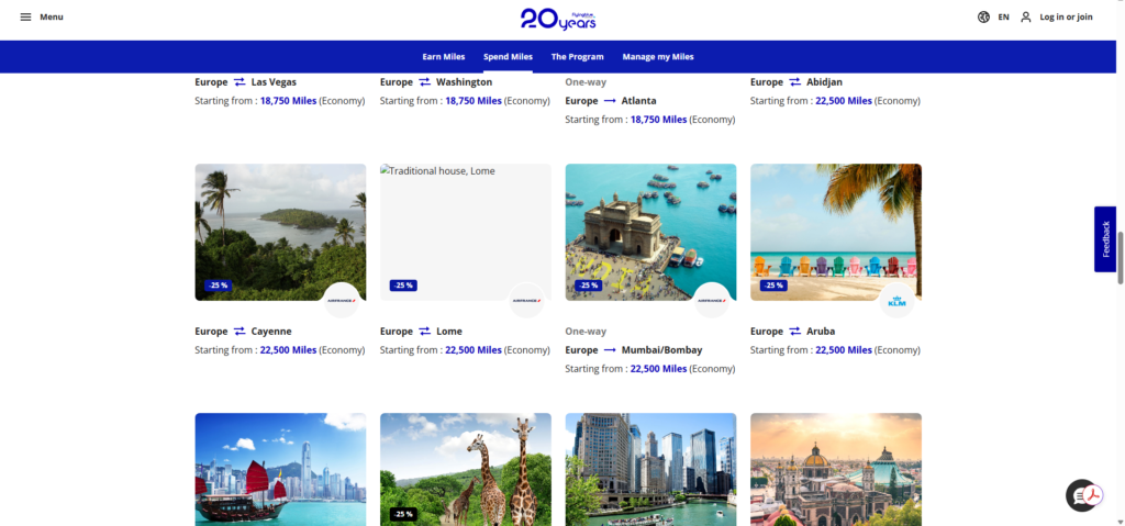 creenshot of Flying Blue Promo Rewards page showing Mumbai to Europe economy flights starting at 22,500 miles with a 25% discount.