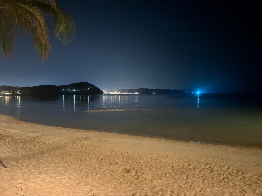 Premier Village Phu Quoc Resort private beach at night – starry dark sky, glowing villa lights on hillside, calm bay reflecting lights, Phu Quoc Vietnam