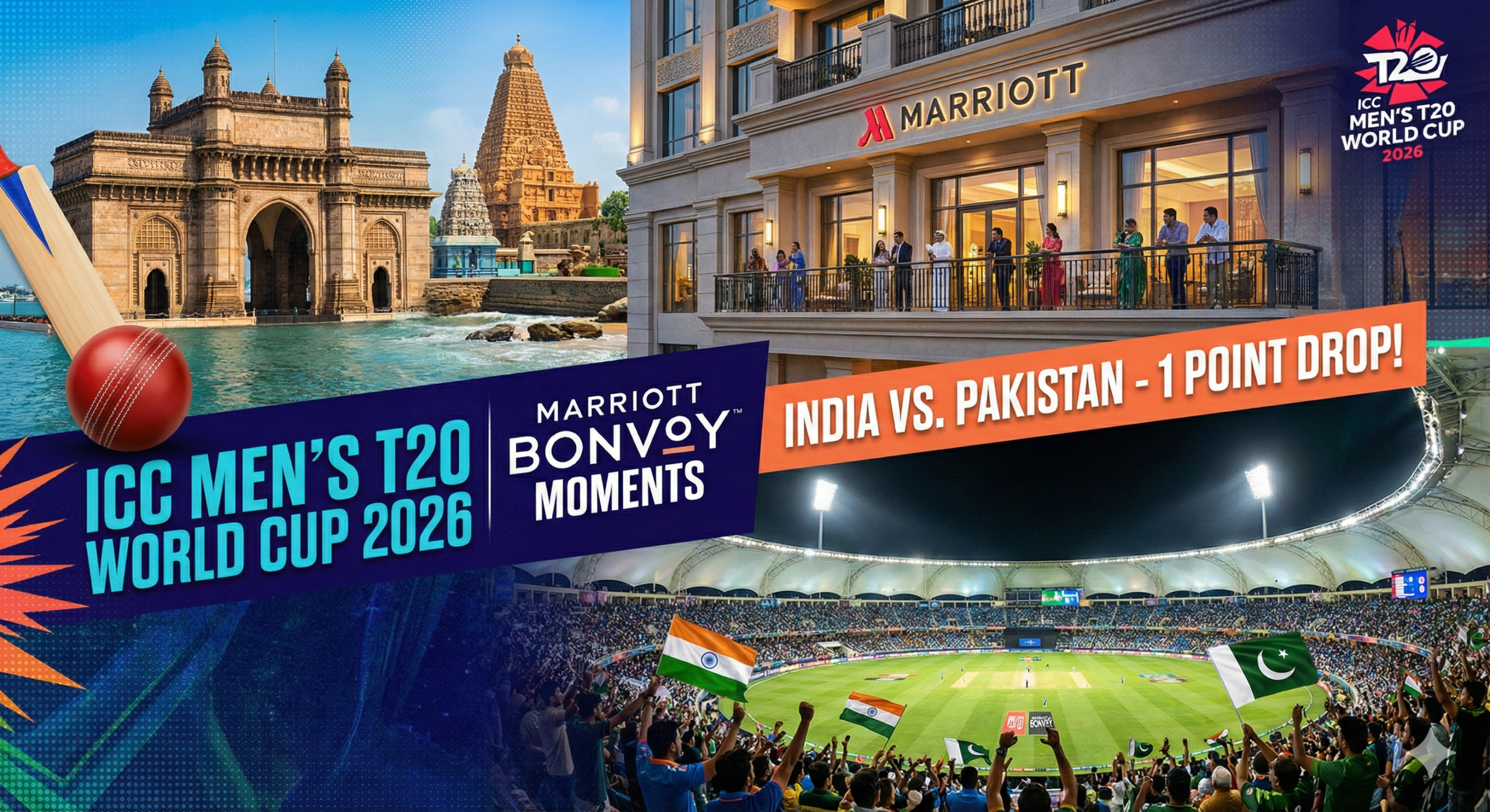 A composite graphic for the ICC Men's T20 World Cup 2026. It features a luxury Marriott hotel balcony with guests, an aerial view of a packed cricket stadium during a match, and text that reads 'Marriott Bonvoy Moments' and 'India vs. Pakistan - 1 Point Drop!'.
