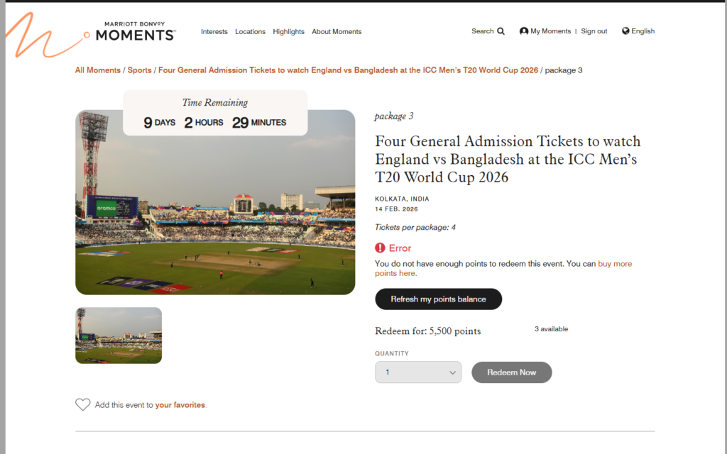Screenshot of the Marriott Bonvoy Moments website showing a redemption listing for the ICC Men's T20 World Cup 2026. The listing offers four general admission tickets for the England vs. Bangladesh match in Kolkata on Feb 14, 2026, for just 5,500 points.
