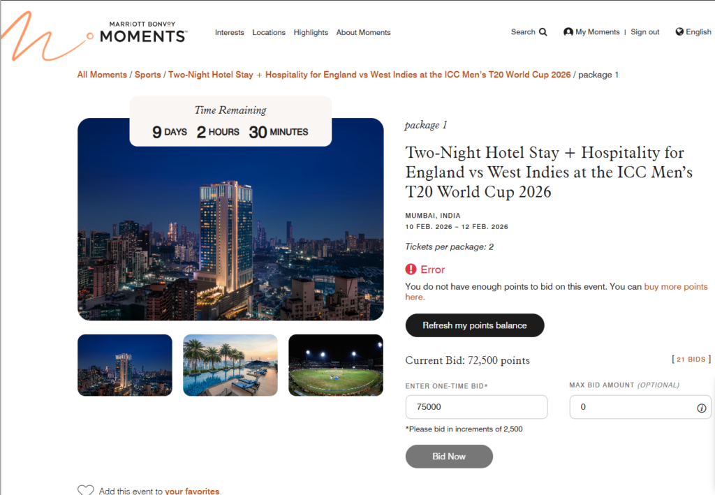 Nighttime view of Mumbai's illuminated skyline with high-rise buildings, a luxury hotel pool overlooking the city, and Wankhede Stadium floodlit for a cricket match under bright lights, promoting a two-night hotel stay and hospitality package for England vs West Indies at the ICC Men's T20 World Cup 2026 in Mumbai.