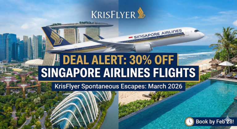 Singapore Airlines Airbus A350 flying over tropical beach with Marina Bay Sands and Gardens by the Bay skyline, KrisFlyer Spontaneous Escapes 30% off deal alert for March 2026 award flights, book by February 28