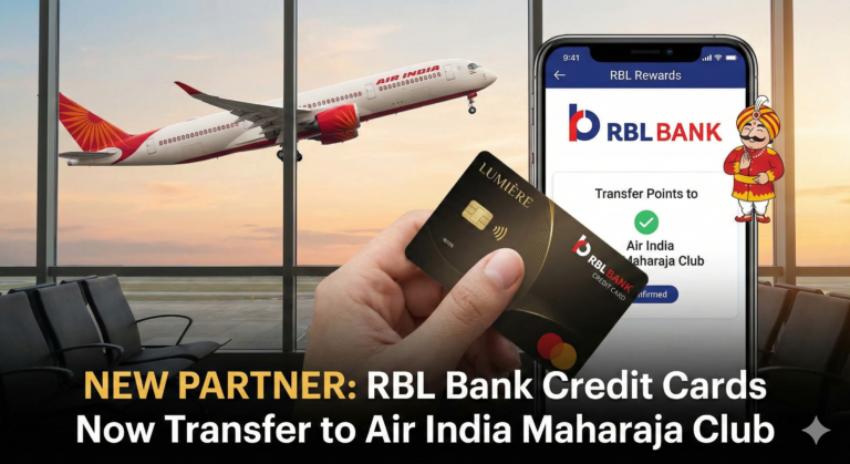 Air India airplane in flight with RBL Bank Lumiere premium credit card, RBL Rewards app showing points transfer to Air India Maharaja Club, and happy Maharaja cartoon character against airport sunset background