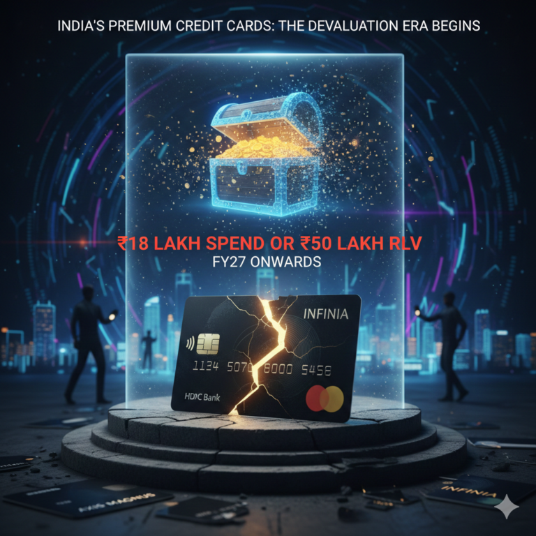 Cracked HDFC Infinia premium credit card symbolizing devaluation, with broken treasure chest of rewards and text overlay: ₹18 Lakh Spend or ₹50 Lakh RLV required from FY27 onwards in India